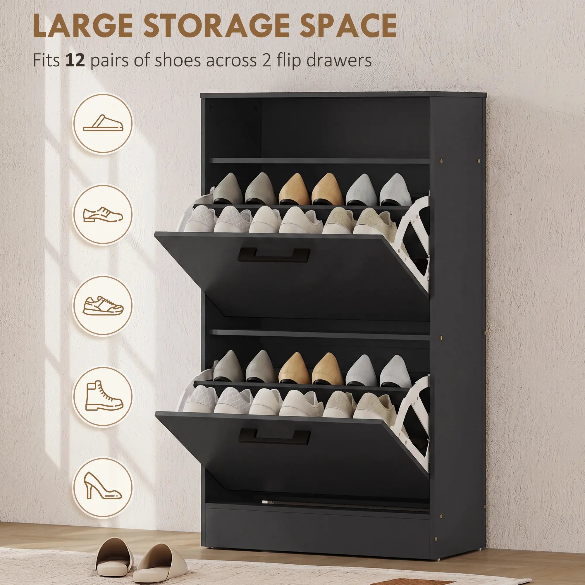 41" Slim Shoe Storage Cabinet with 2 Flip Drawers, Adjustable Dividers and Open Shelf