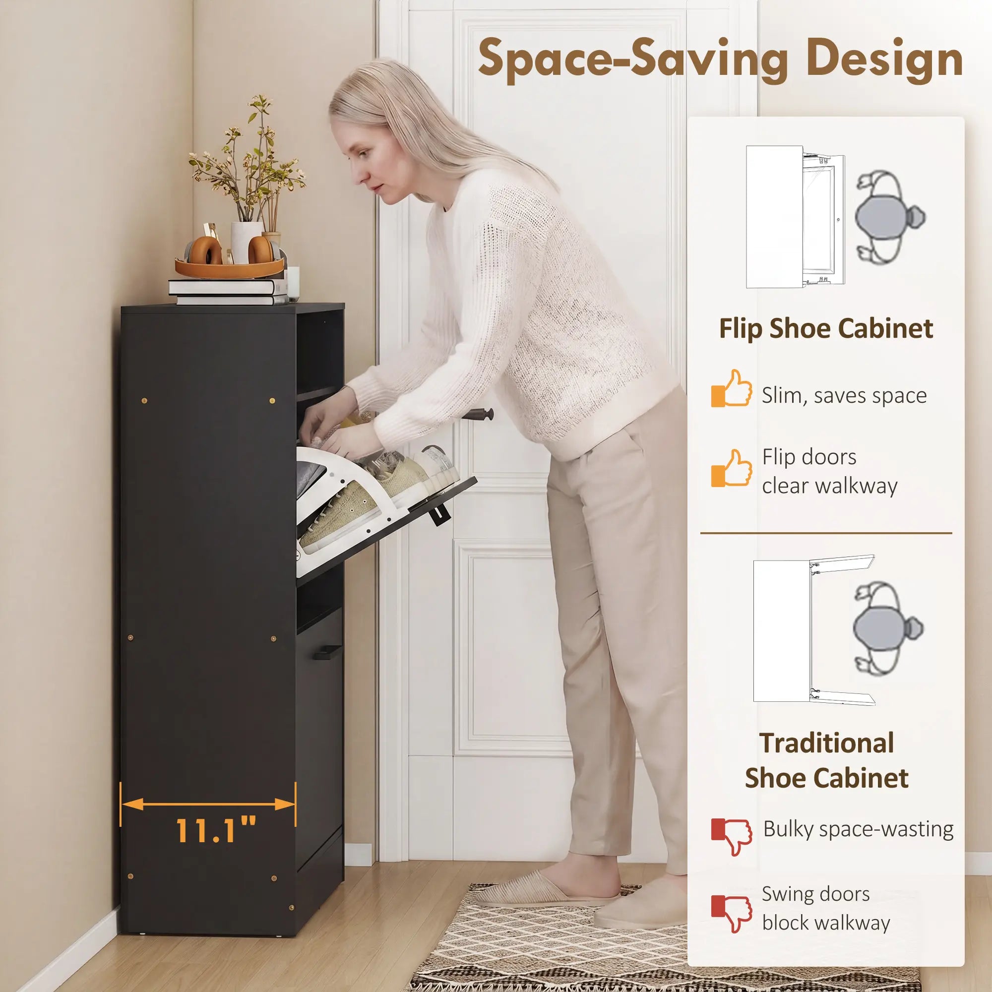 41" Slim Shoe Storage Cabinet with 2 Flip Drawers, Adjustable Dividers and Open Shelf
