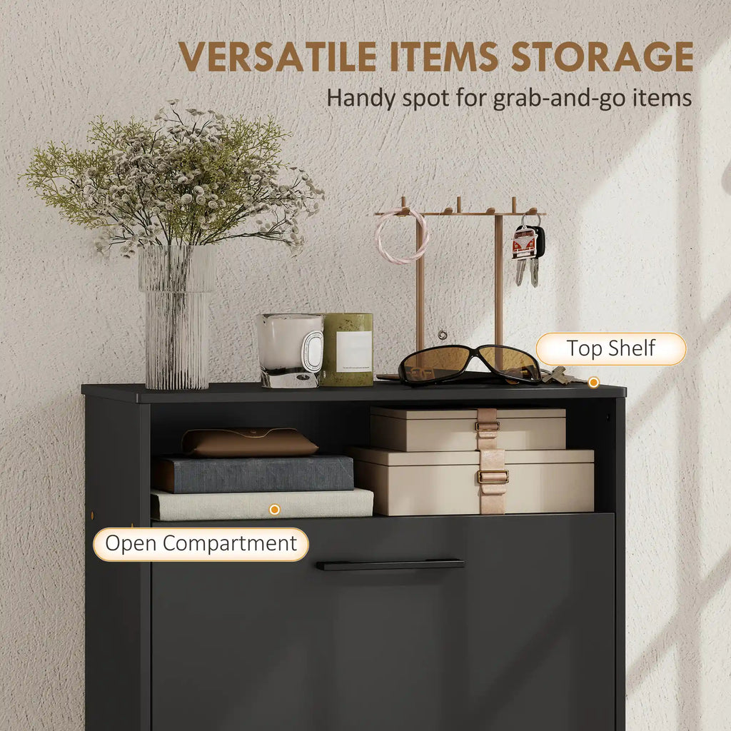 41" Slim Shoe Storage Cabinet with 2 Flip Drawers, Adjustable Dividers and Open Shelf