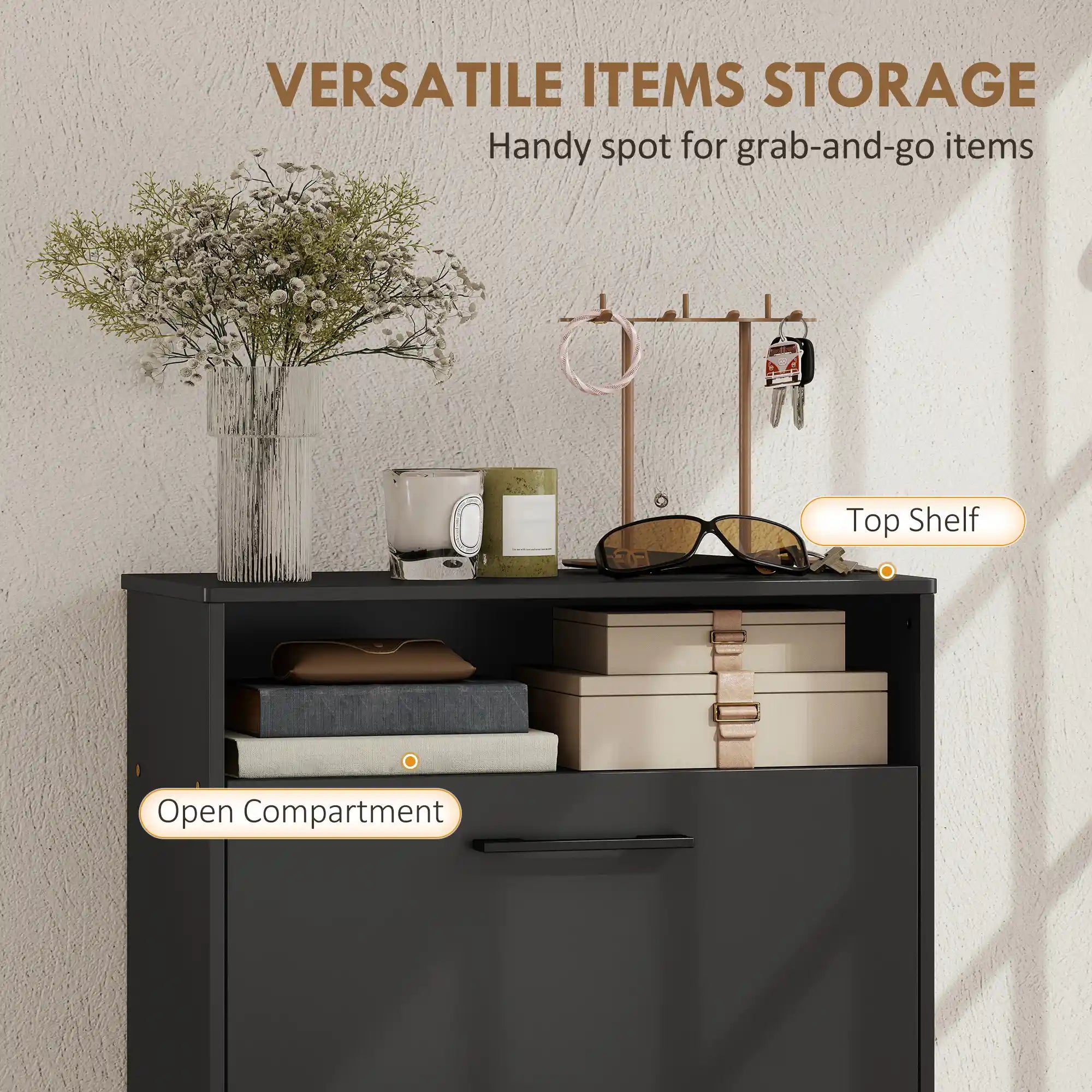 41" Slim Shoe Storage Cabinet with 2 Flip Drawers, Adjustable Dividers and Open Shelf
