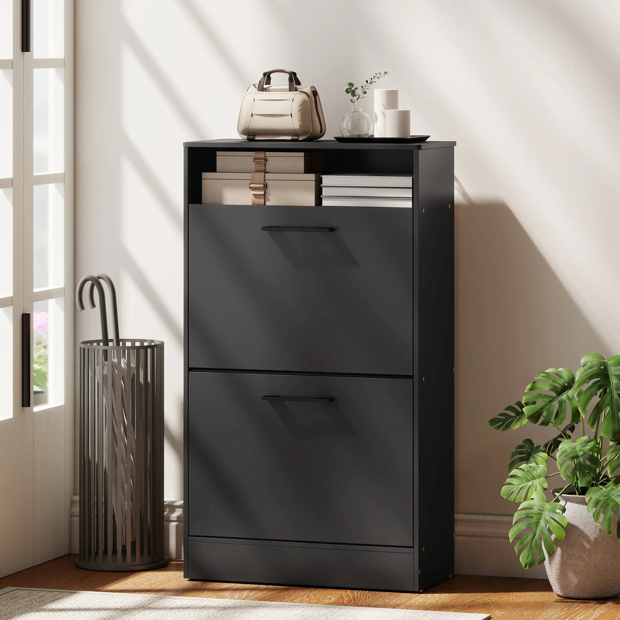 41" Slim Shoe Storage Cabinet with 2 Flip Drawers, Adjustable Dividers and Open Shelf