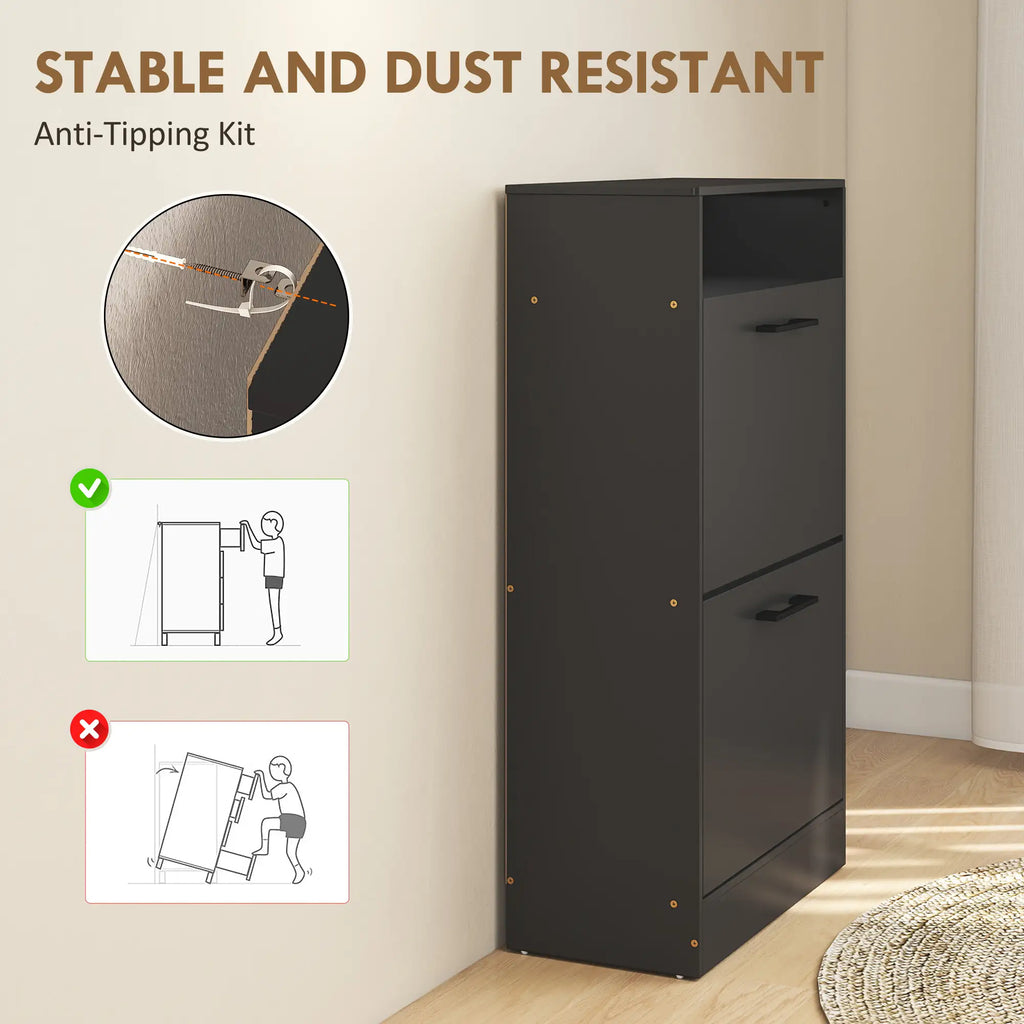 41" Slim Shoe Storage Cabinet with 2 Flip Drawers, Adjustable Dividers and Open Shelf