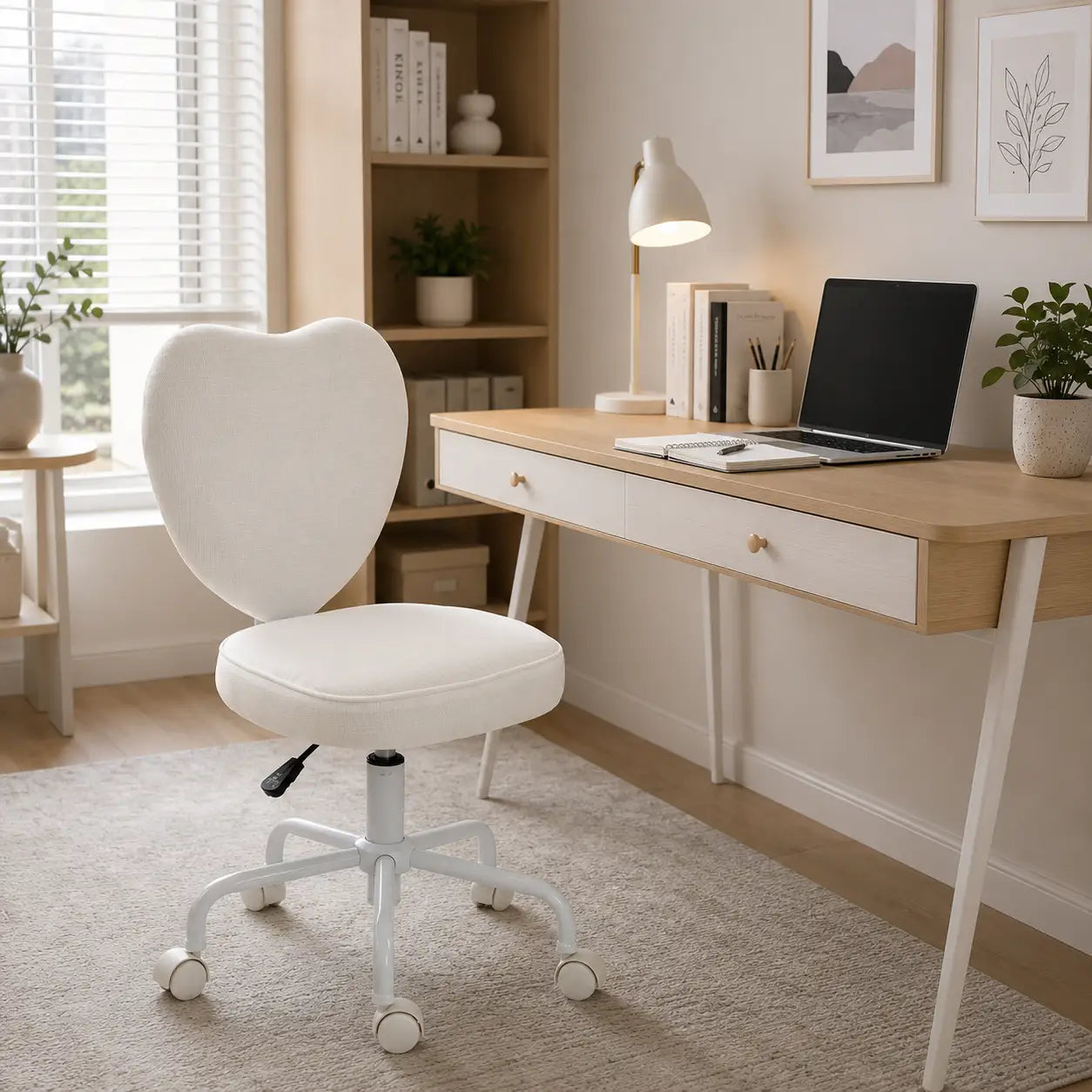 Heart-Shaped Armless Swivel Vanity Chair with Adjustable Height and Rolling Base