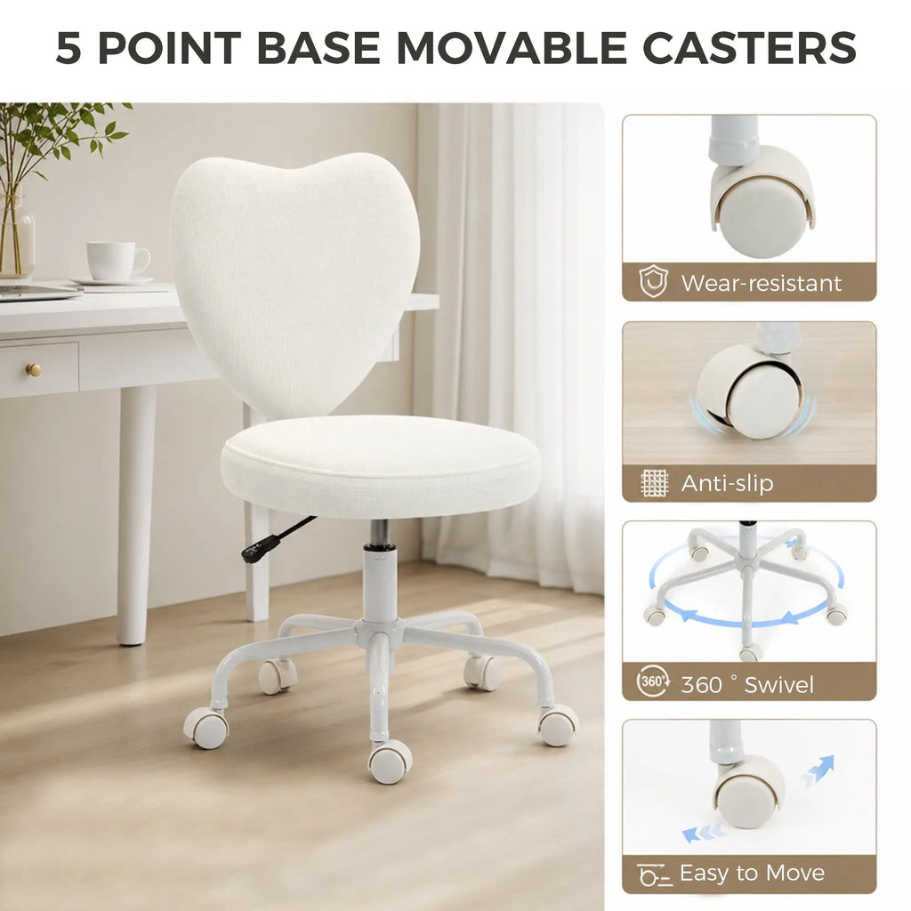 Heart-Shaped Armless Swivel Vanity Chair with Adjustable Height and Rolling Base