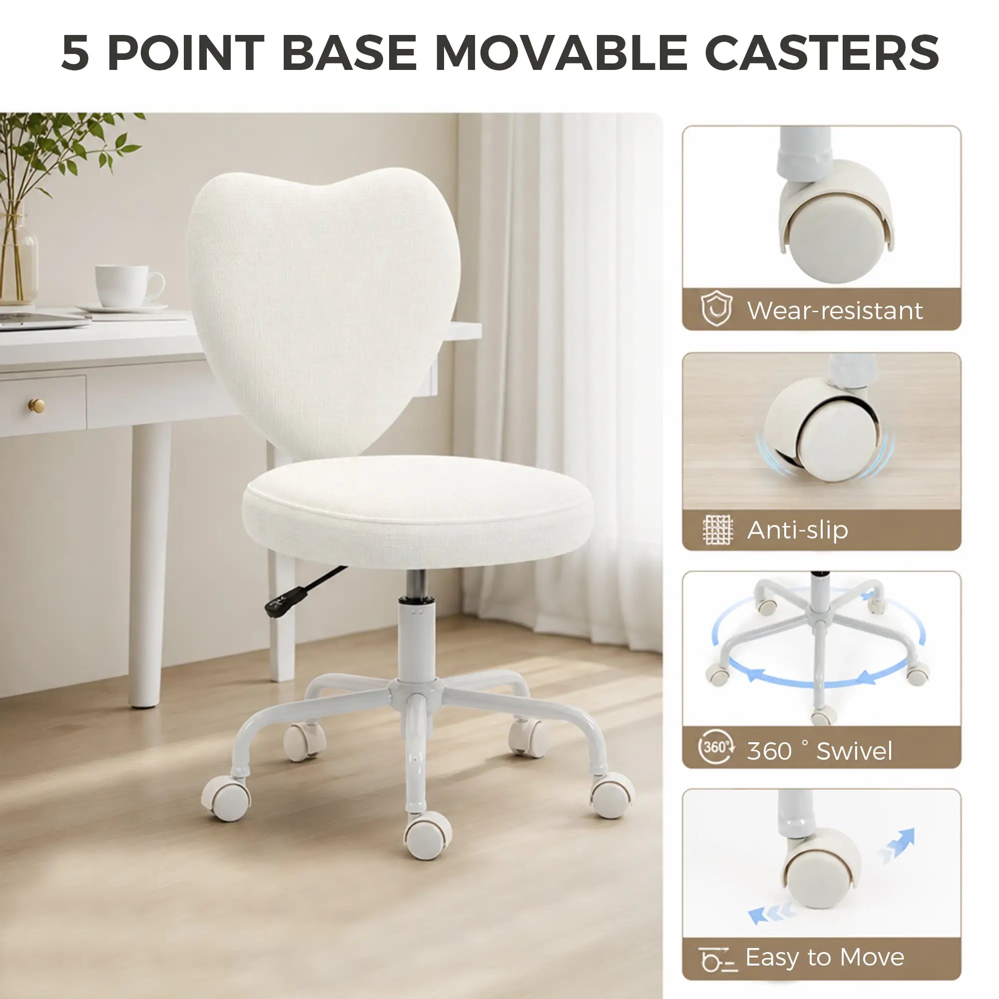 Heart-Shaped Armless Swivel Vanity Chair with Adjustable Height and Rolling Base