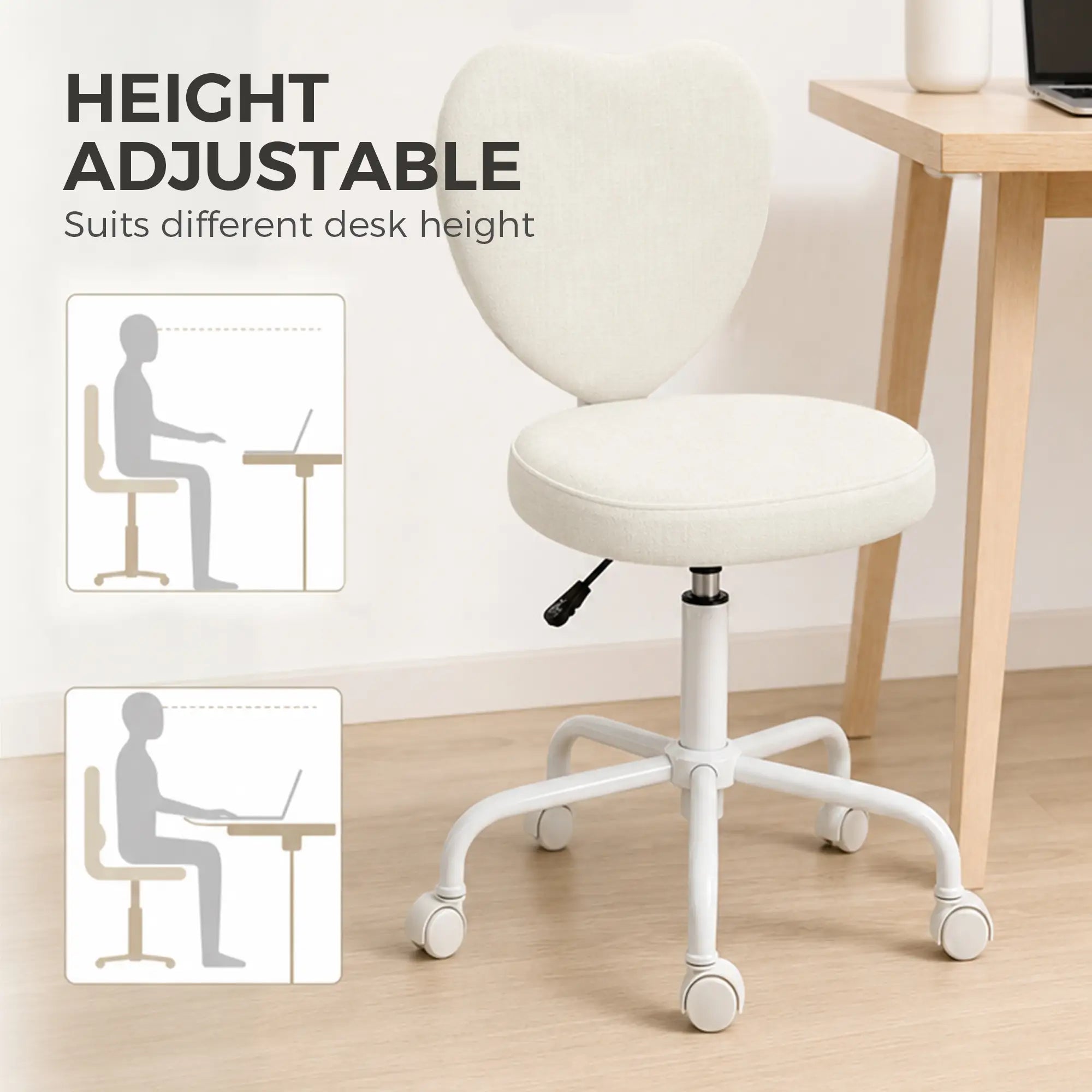 Heart-Shaped Armless Swivel Vanity Chair with Adjustable Height and Rolling Base