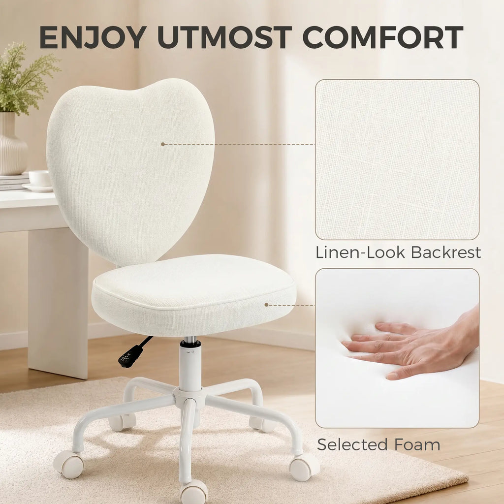 Heart-Shaped Armless Swivel Vanity Chair with Adjustable Height and Rolling Base