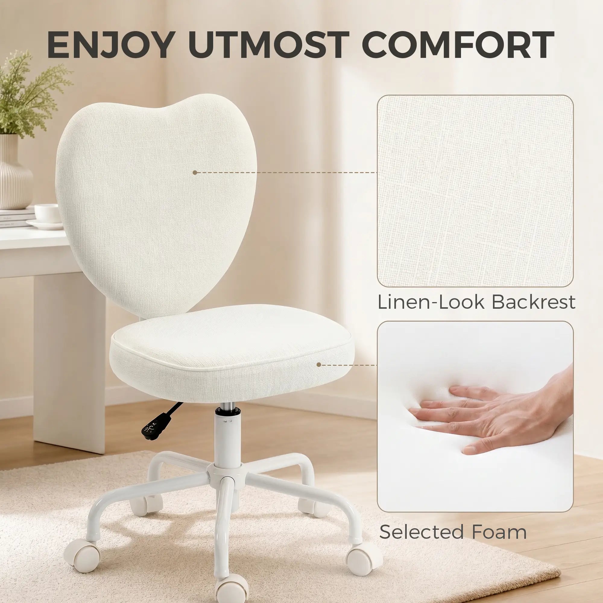 Heart-Shaped Armless Swivel Vanity Chair with Adjustable Height and Rolling Base