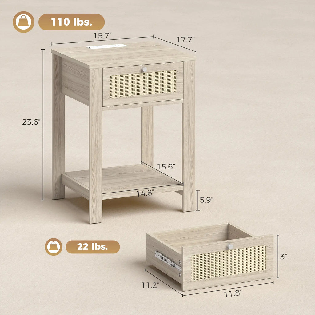 Set of 2 End Tables with Charging Station, Drawer and Open Shelf