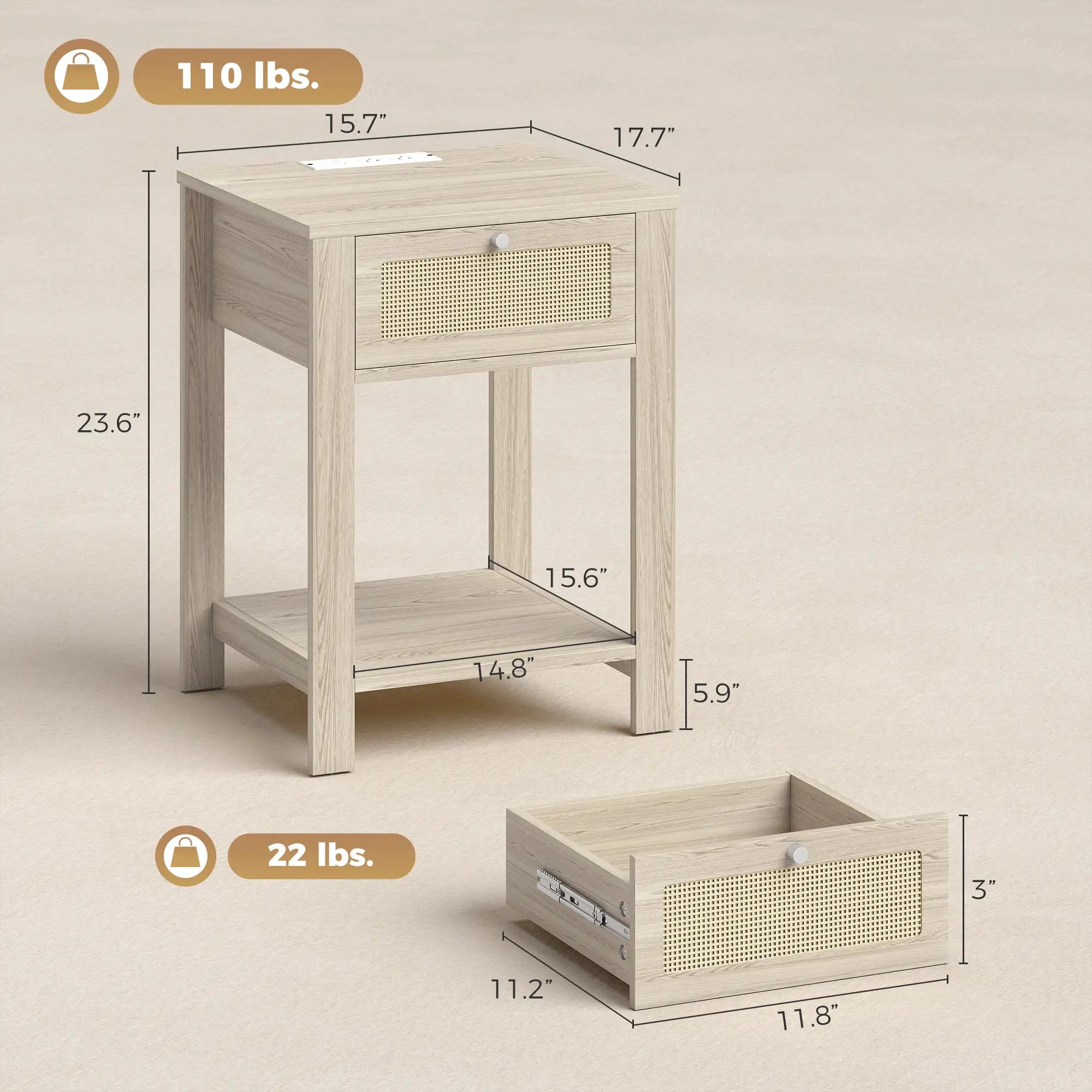 Set of 2 End Tables with Charging Station, Drawer and Open Shelf