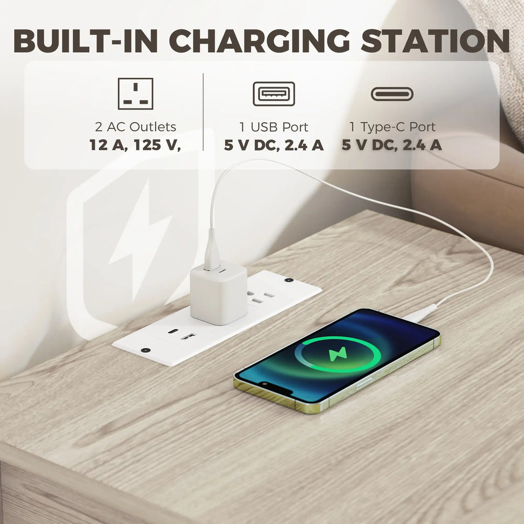 Set of 2 End Tables with Charging Station, Drawer and Open Shelf