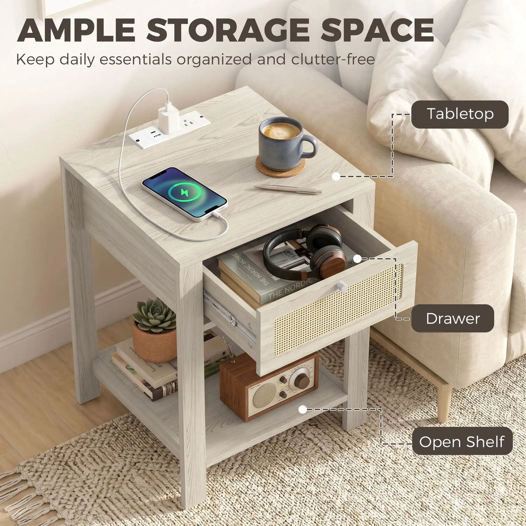 Set of 2 End Tables with Charging Station, Drawer and Open Shelf