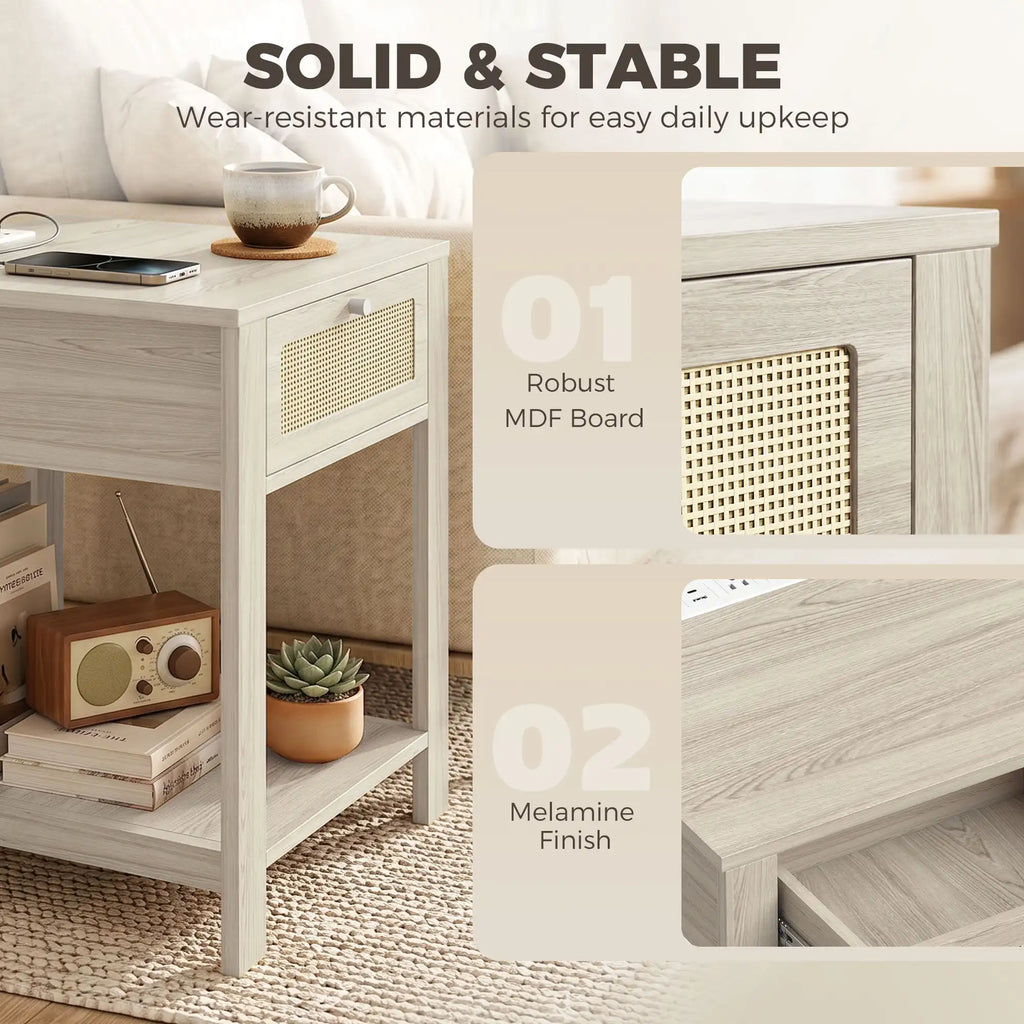 Set of 2 End Tables with Charging Station, Drawer and Open Shelf