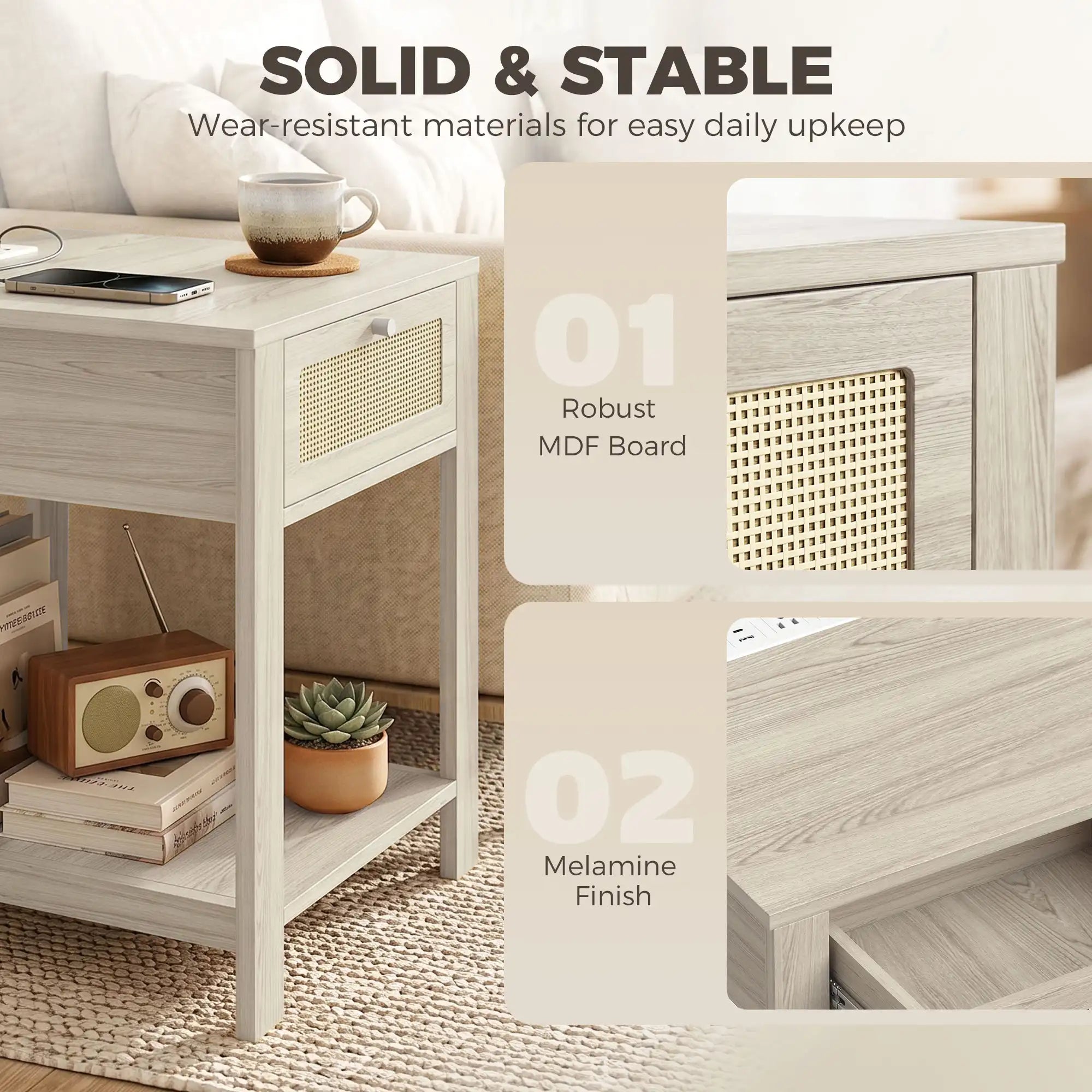 Set of 2 End Tables with Charging Station, Drawer and Open Shelf