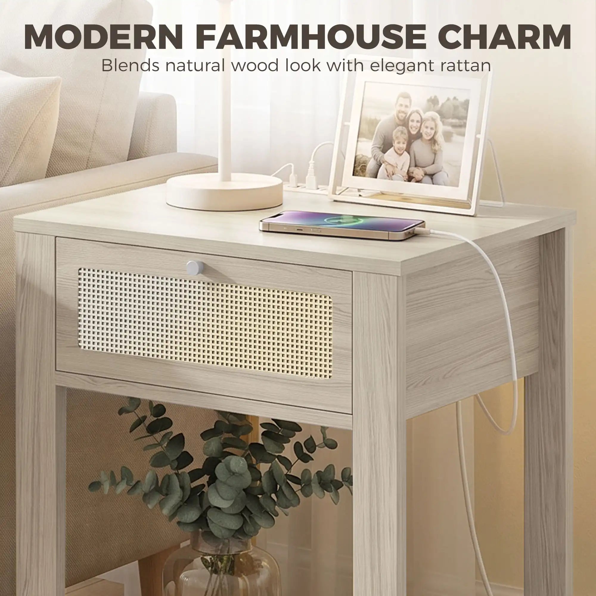 Set of 2 End Tables with Charging Station, Drawer and Open Shelf