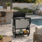 Outdoor rolling cooler cart with open lid, bottle opener, and two-tier storage