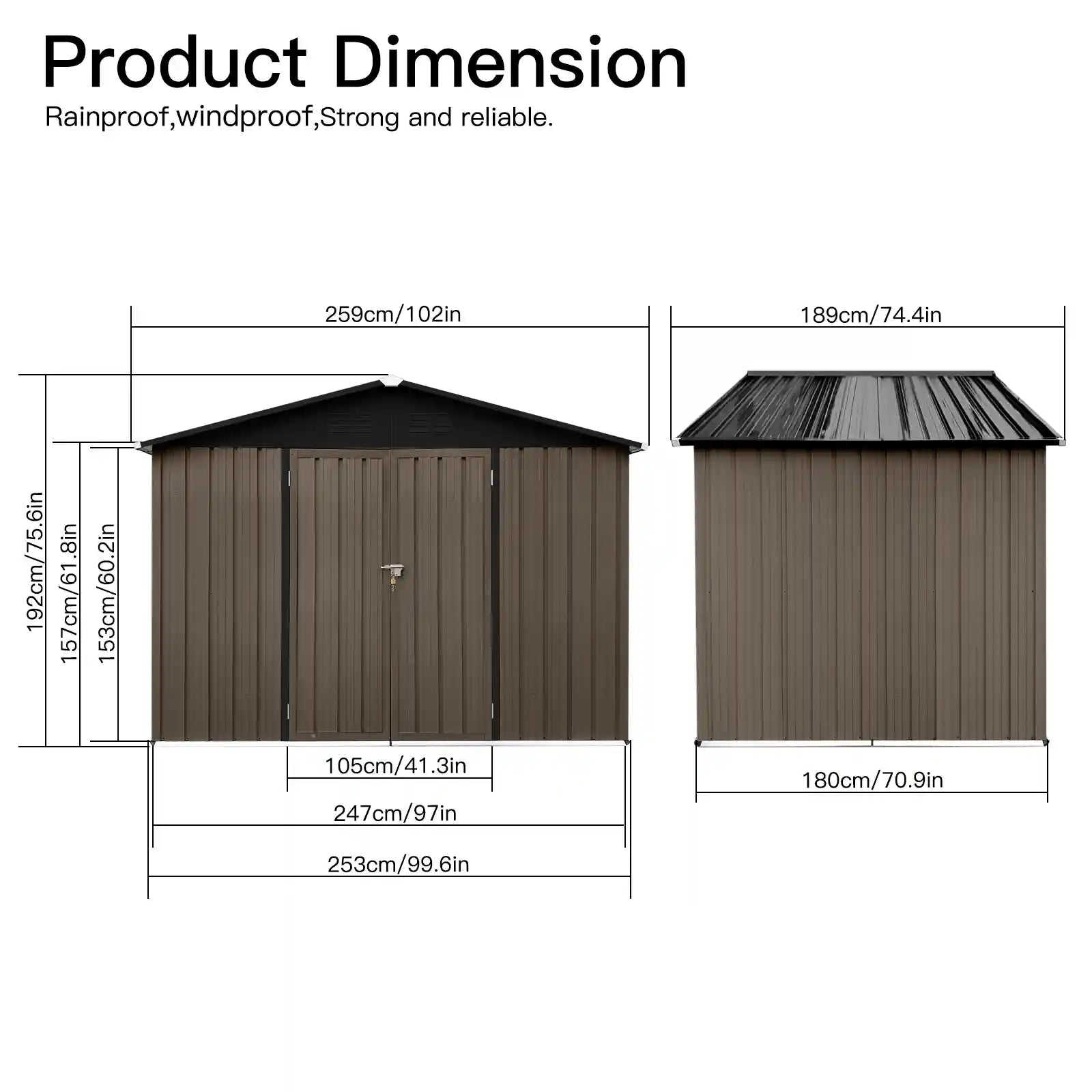 8' × 6' Metal Outdoor Storage Shed with Hinged Double Doors and Apex Roof