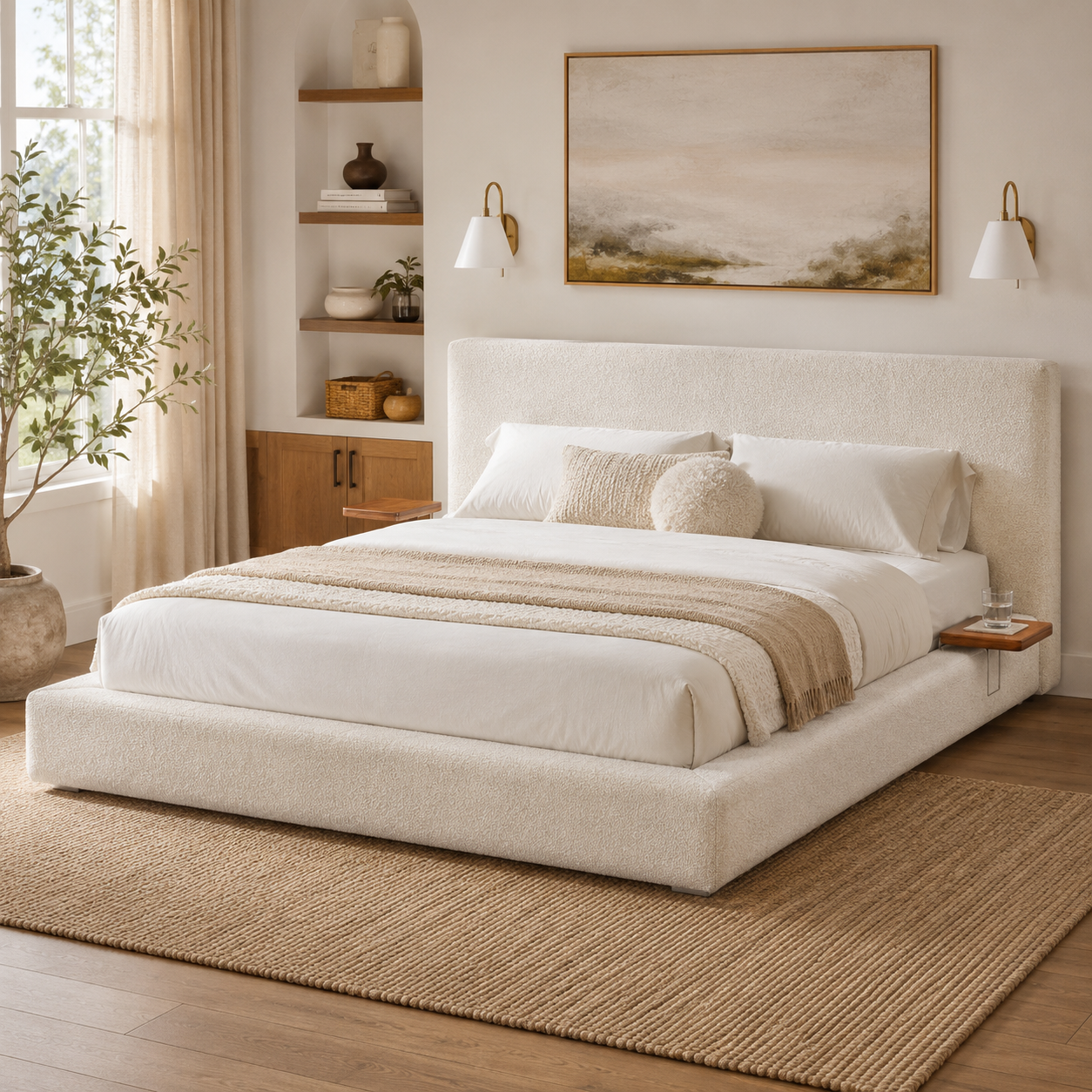 King Size Cloud Sherpa Upholstered Platform Bed with Adjustable Sliding Side Tables