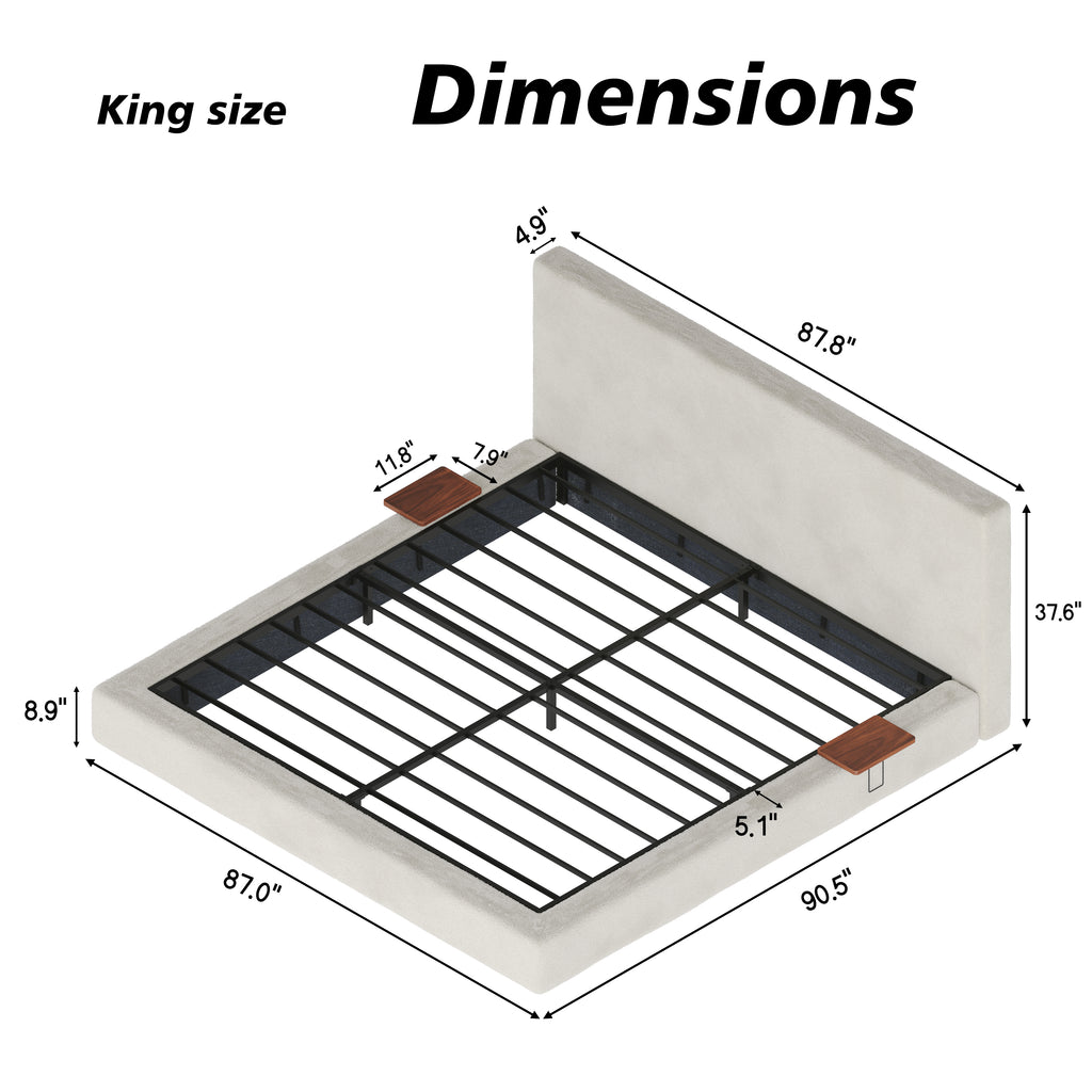 King Size Cloud Sherpa Upholstered Platform Bed with Adjustable Sliding Side Tables