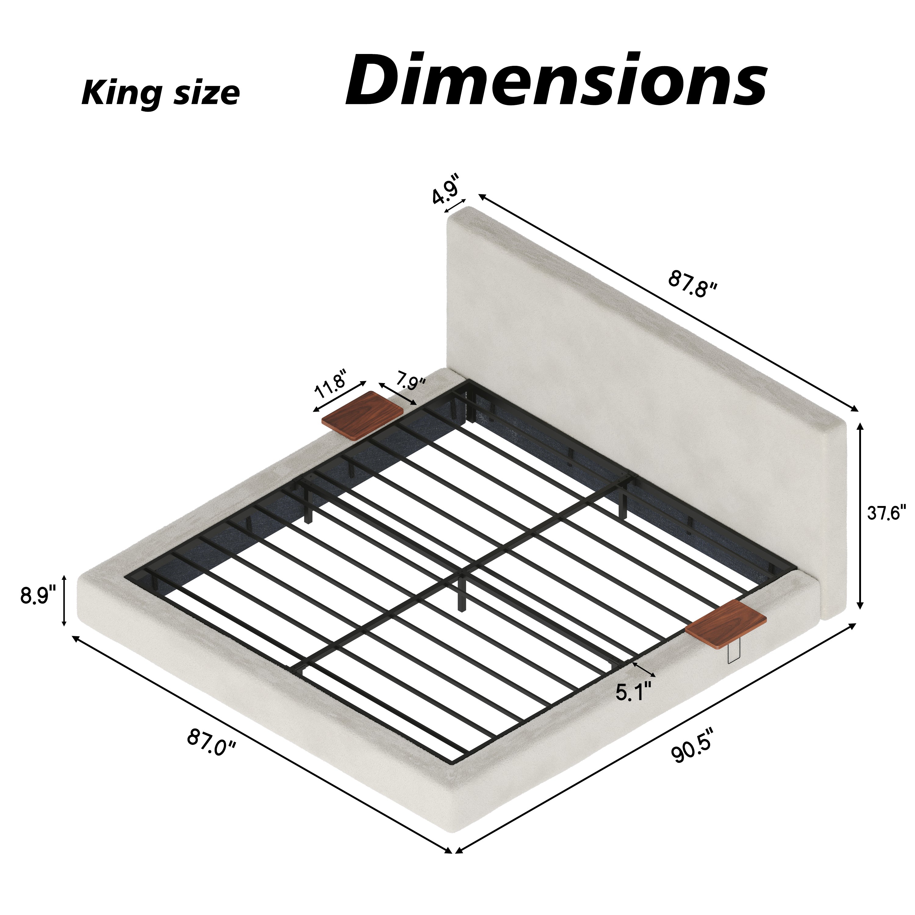 King Size Cloud Sherpa Upholstered Platform Bed with Adjustable Sliding Side Tables
