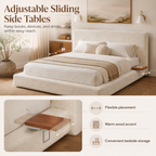 King Size Cloud Sherpa Upholstered Platform Bed with Adjustable Sliding Side Tables