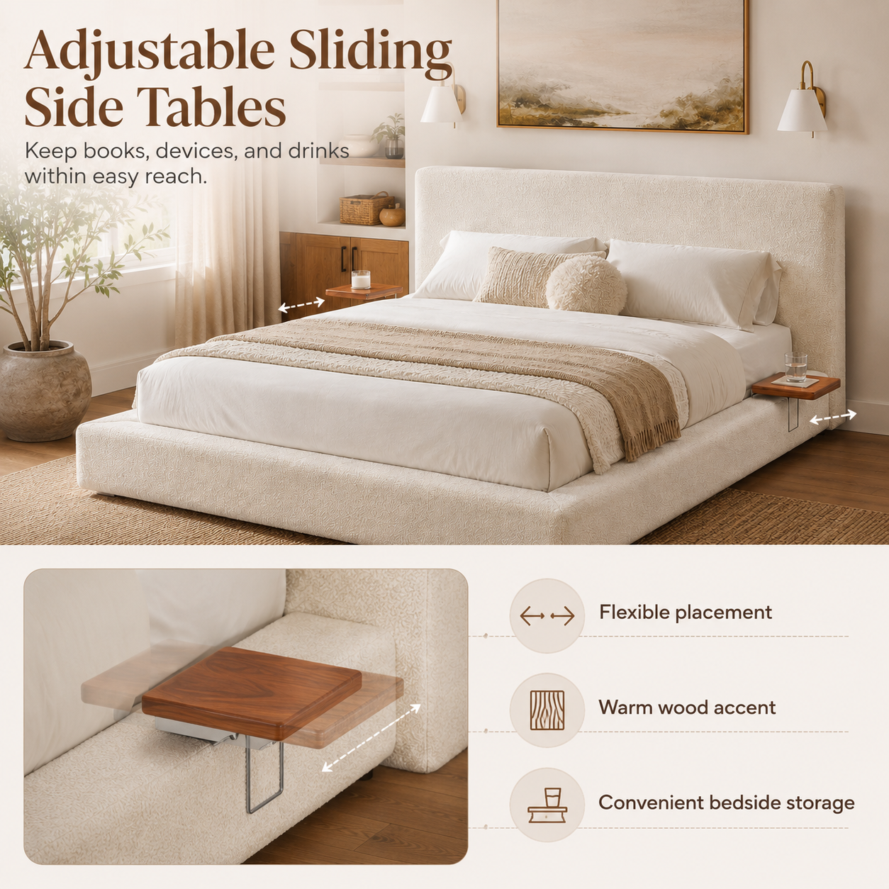 King Size Cloud Sherpa Upholstered Platform Bed with Adjustable Sliding Side Tables