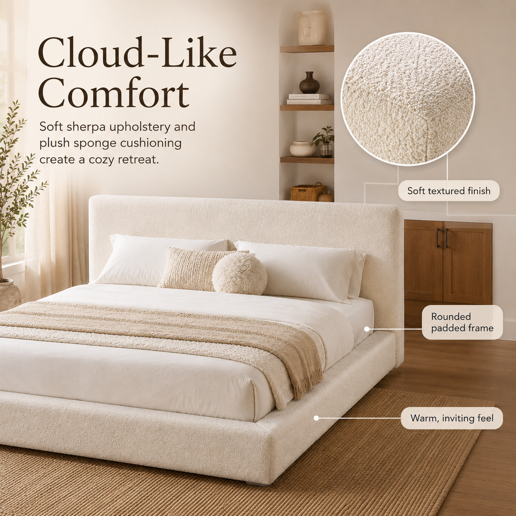 King Size Cloud Sherpa Upholstered Platform Bed with Adjustable Sliding Side Tables