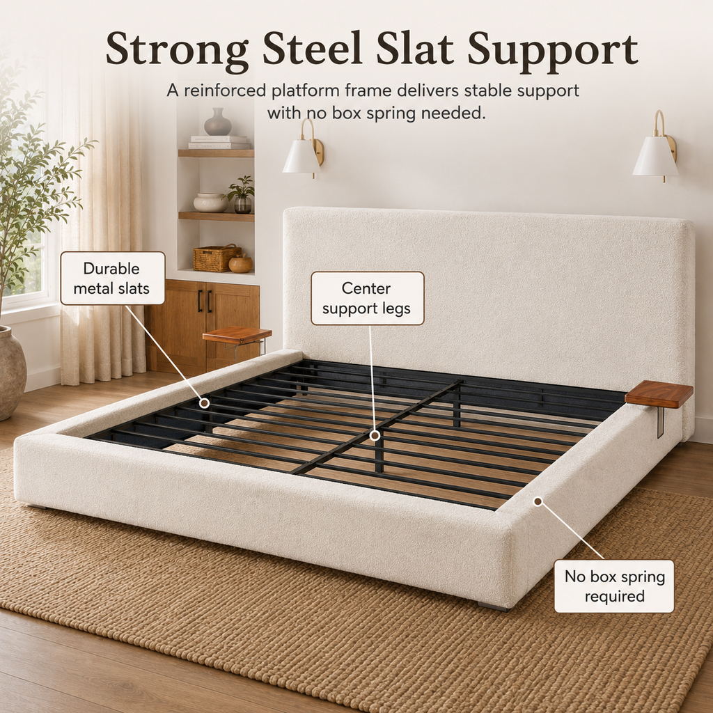 King Size Cloud Sherpa Upholstered Platform Bed with Adjustable Sliding Side Tables