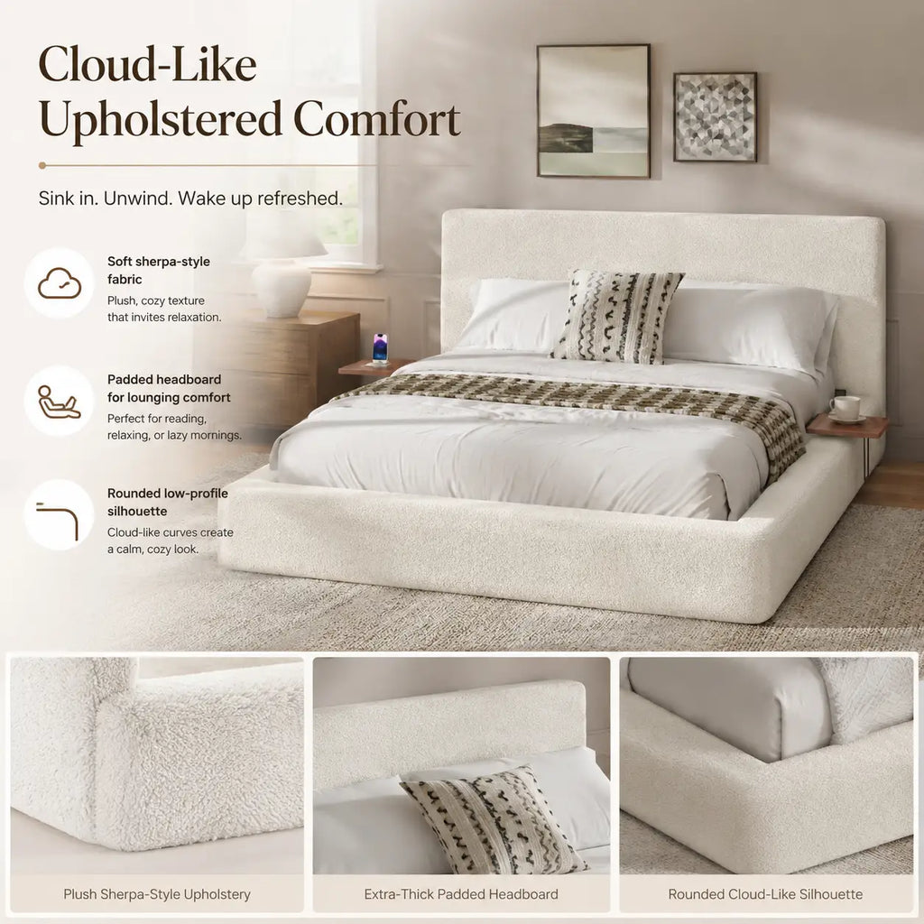 Queen Size Sherpa Cloud Platform Bed with Adjustable Sliding Side Tables
