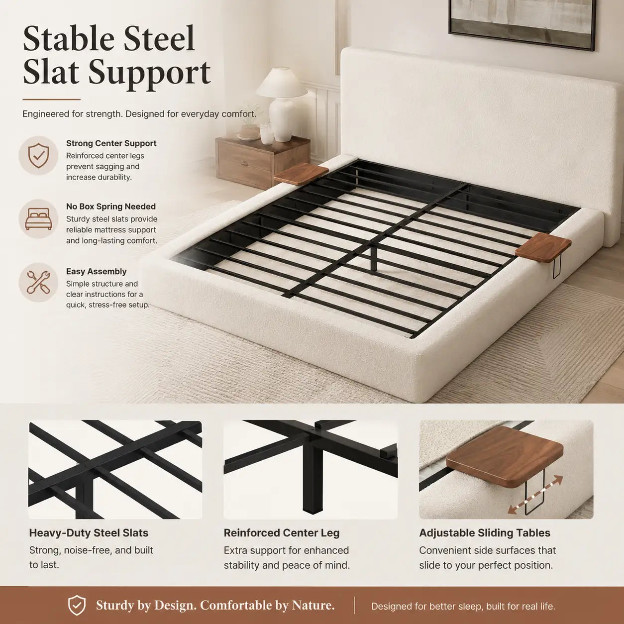 Queen Size Sherpa Cloud Platform Bed with Adjustable Sliding Side Tables