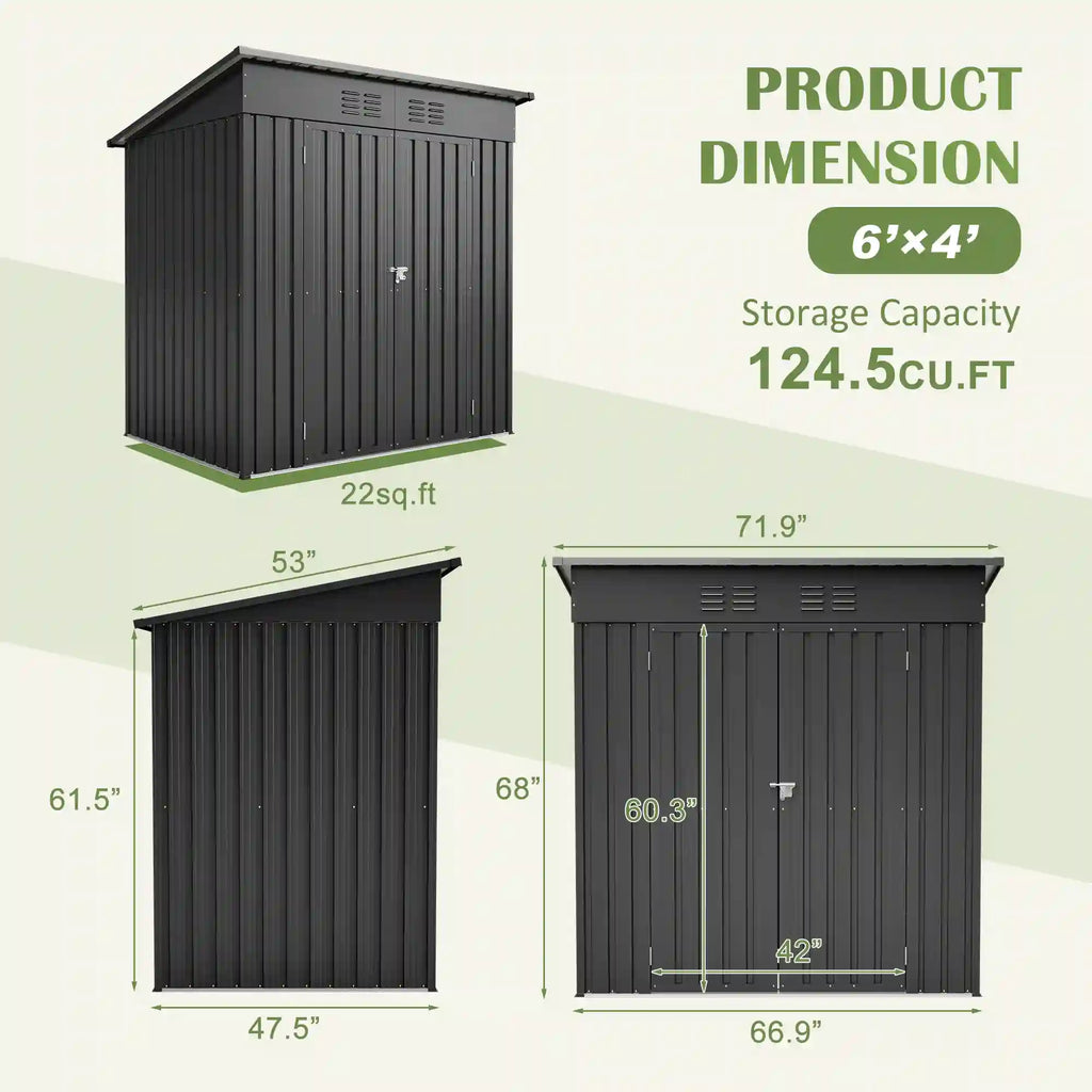 6' × 4' Galvanized Steel Outdoor Storage Shed with Lockable Double Doors