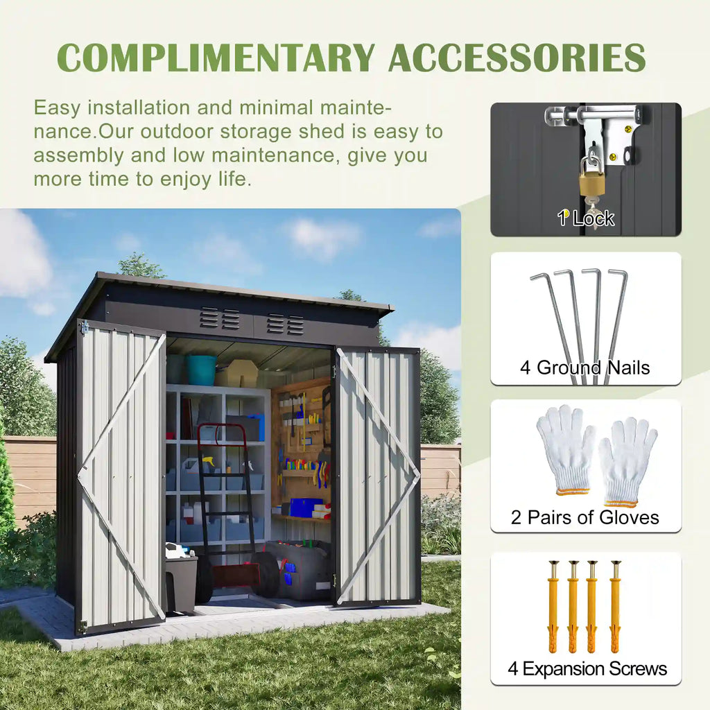 6' × 4' Galvanized Steel Outdoor Storage Shed with Lockable Double Doors