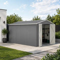 8' × 12' Galvanized Steel Outdoor Storage Shed with Floor Frame and Lockable Double Doors
