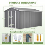 8' × 12' Galvanized Steel Outdoor Storage Shed with Floor Frame and Lockable Double Doors