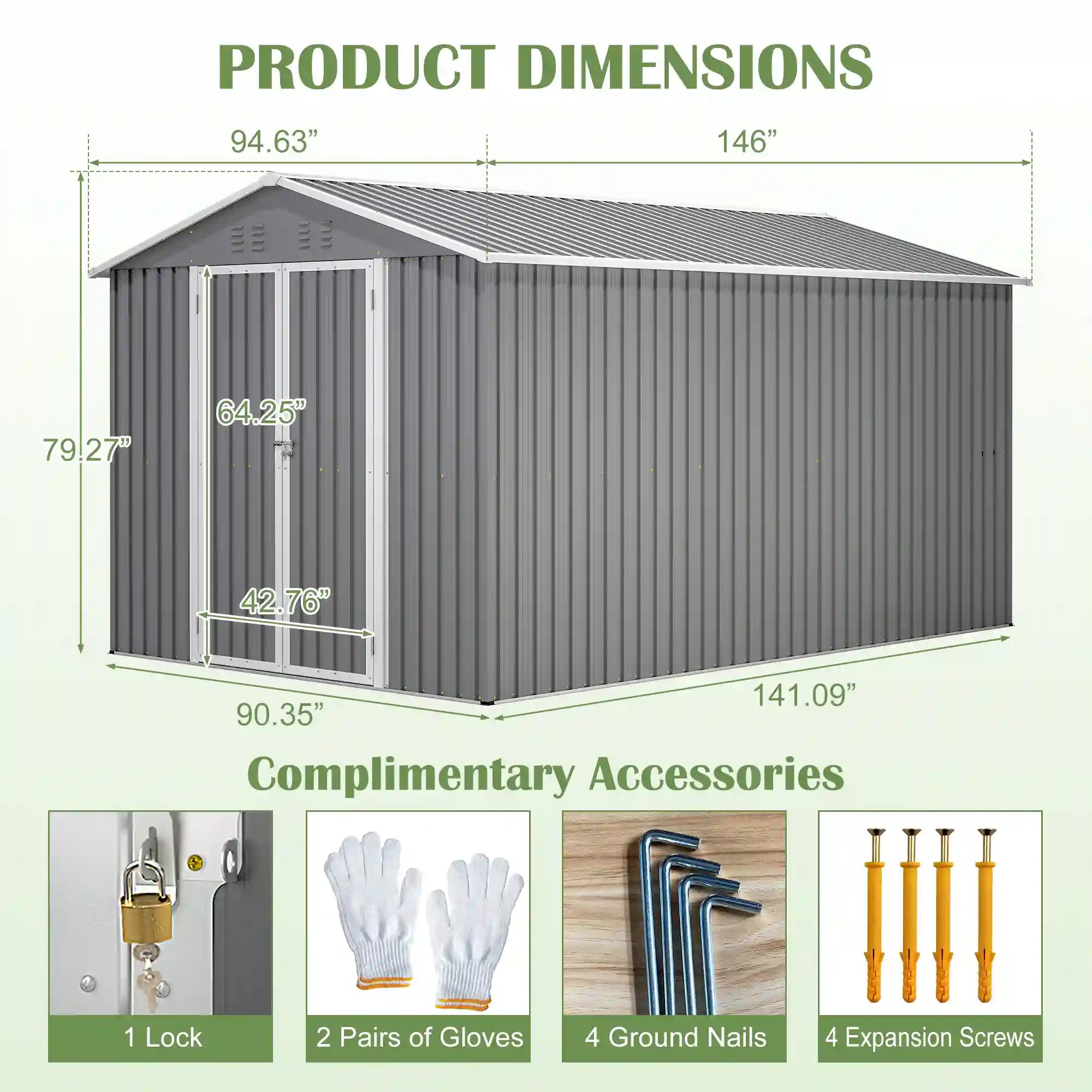8' × 12' Galvanized Steel Outdoor Storage Shed with Floor Frame and Lockable Double Doors