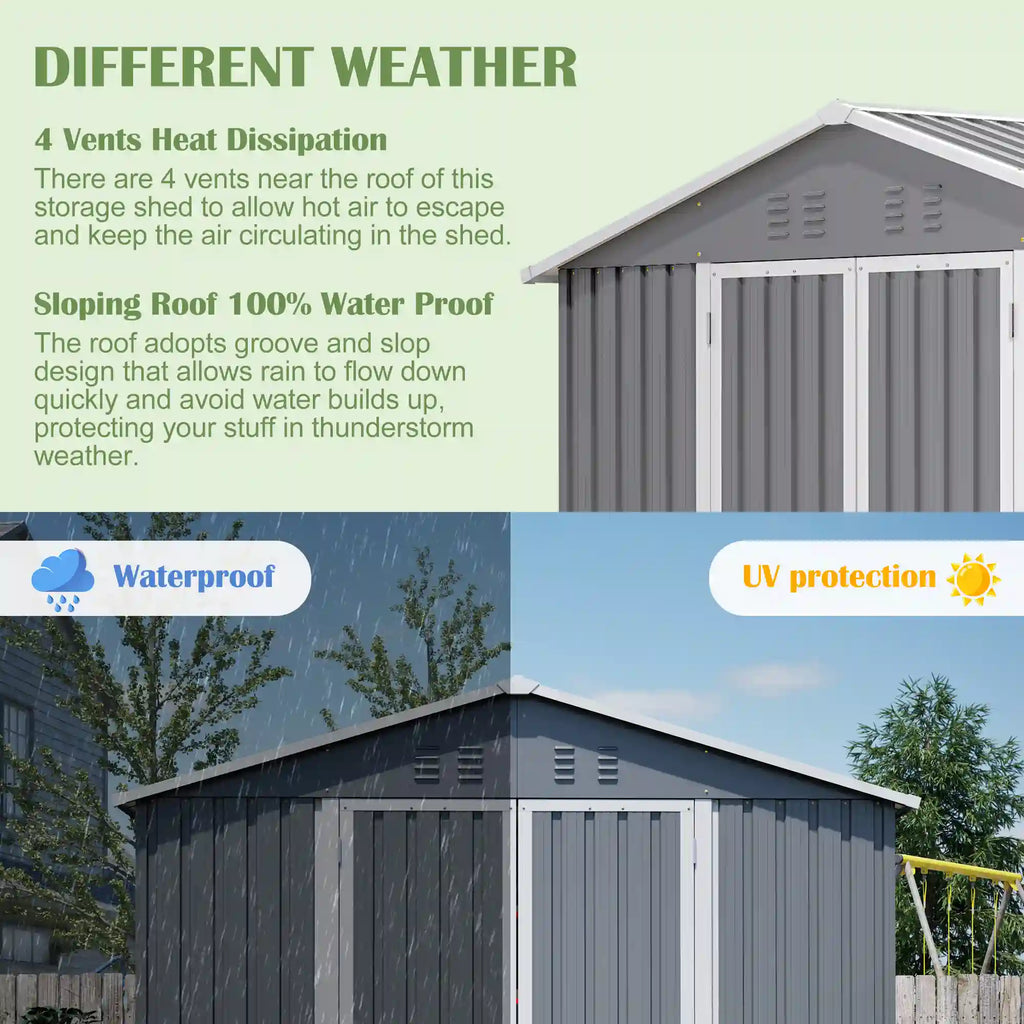 8' × 12' Galvanized Steel Outdoor Storage Shed with Floor Frame and Lockable Double Doors