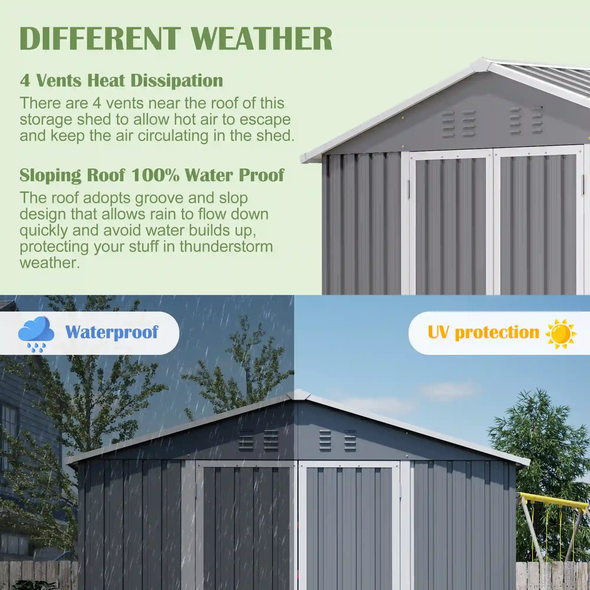 8' × 12' Galvanized Steel Outdoor Storage Shed with Floor Frame and Lockable Double Doors