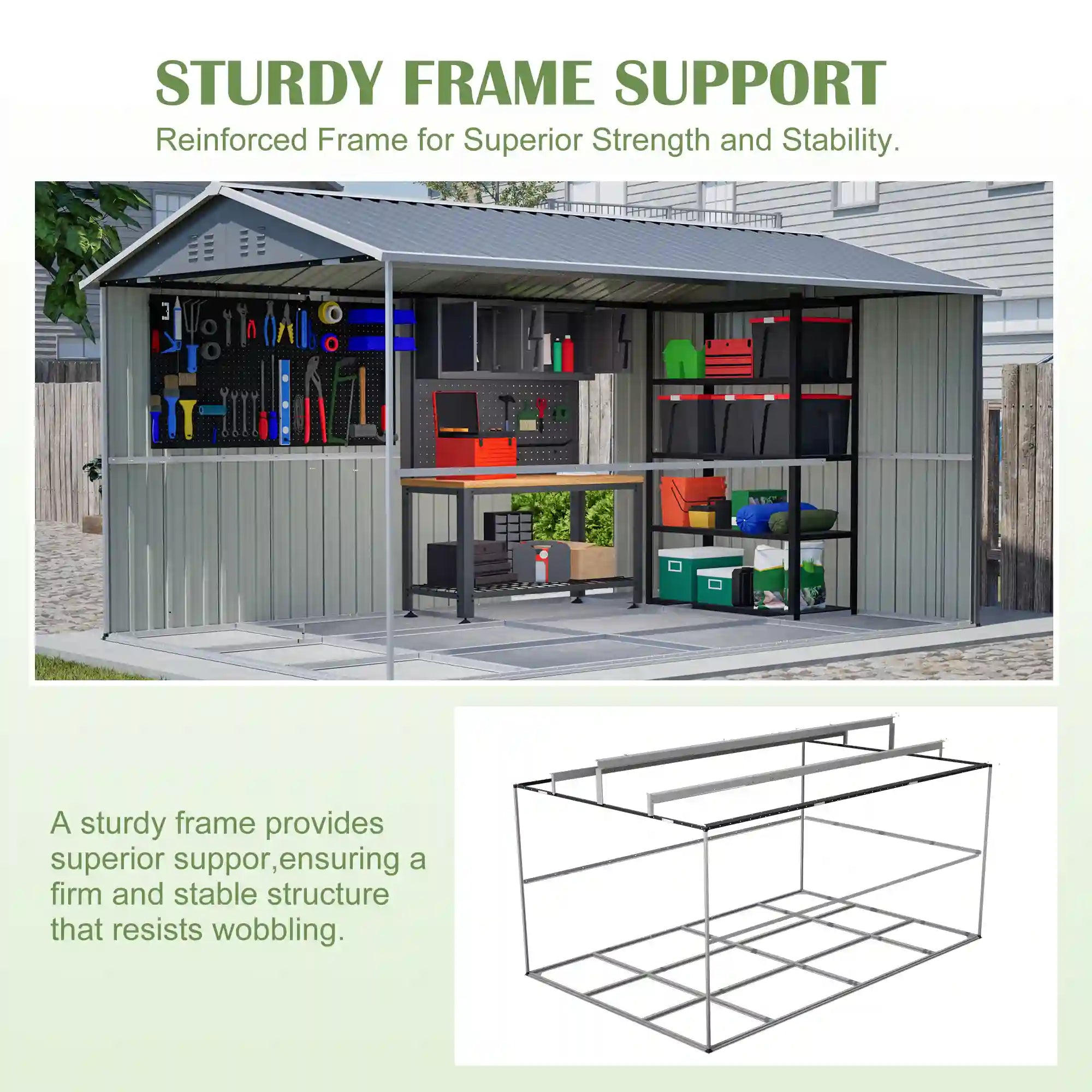 8' × 12' Galvanized Steel Outdoor Storage Shed with Floor Frame and Lockable Double Doors