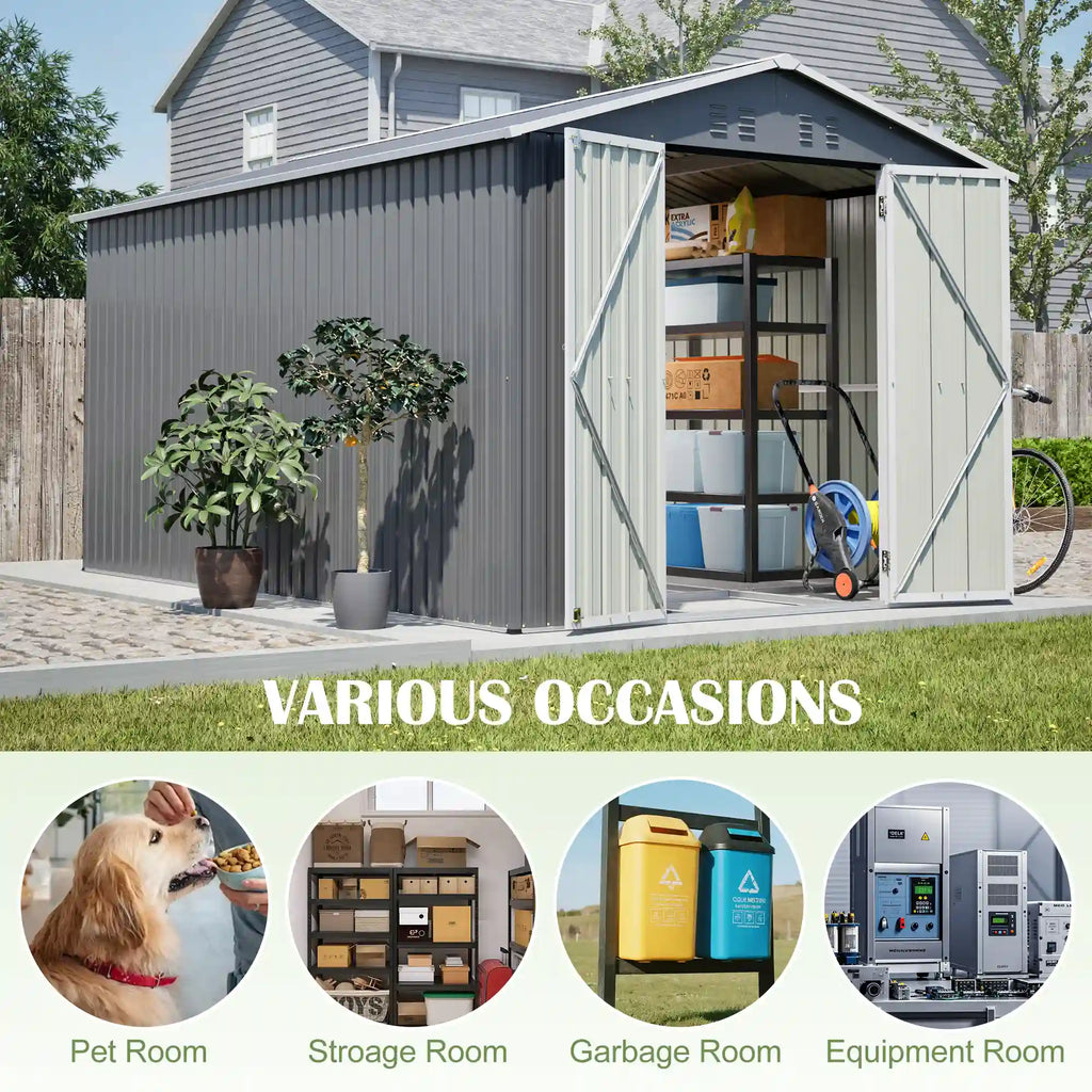 8' × 12' Galvanized Steel Outdoor Storage Shed with Floor Frame and Lockable Double Doors