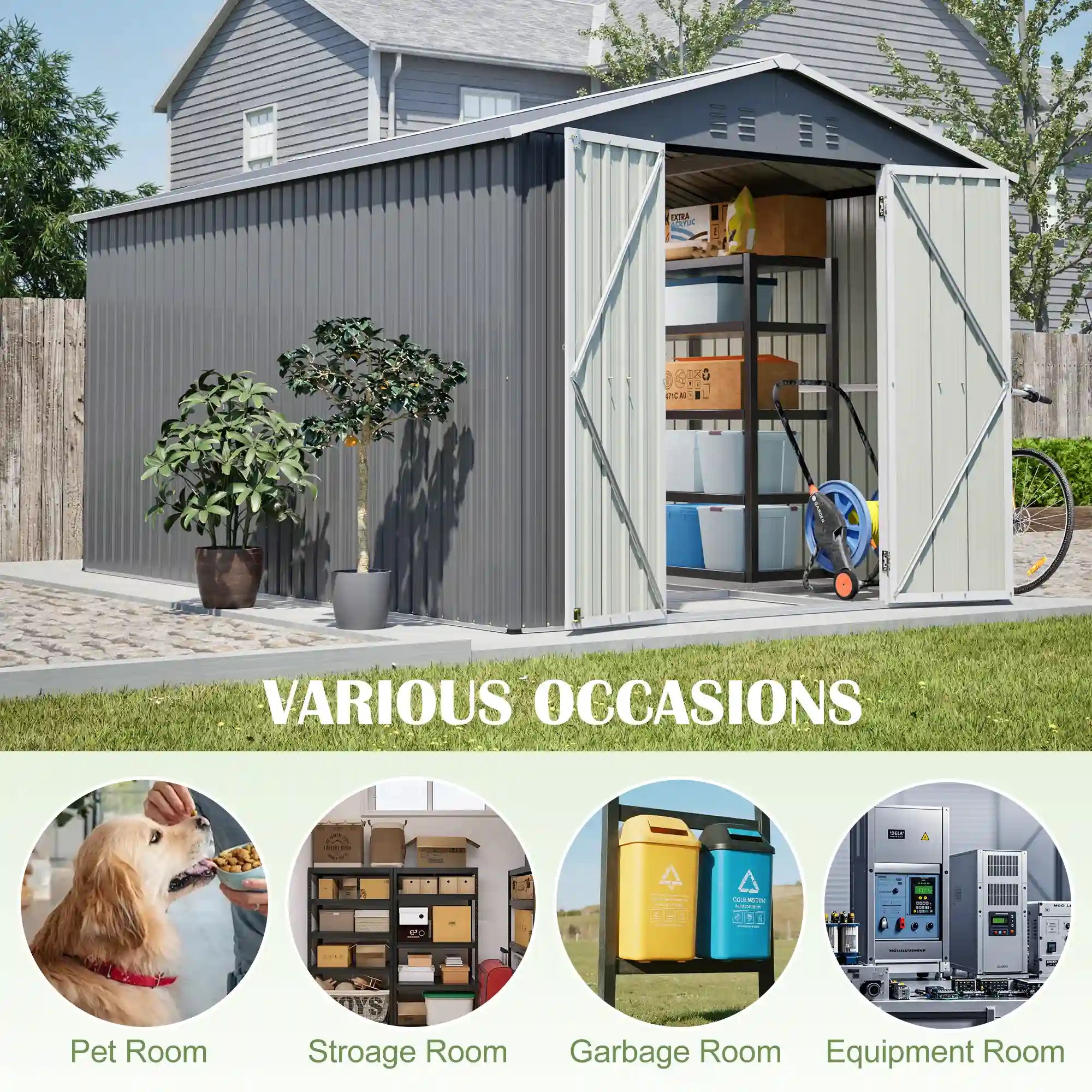8' × 12' Galvanized Steel Outdoor Storage Shed with Floor Frame and Lockable Double Doors