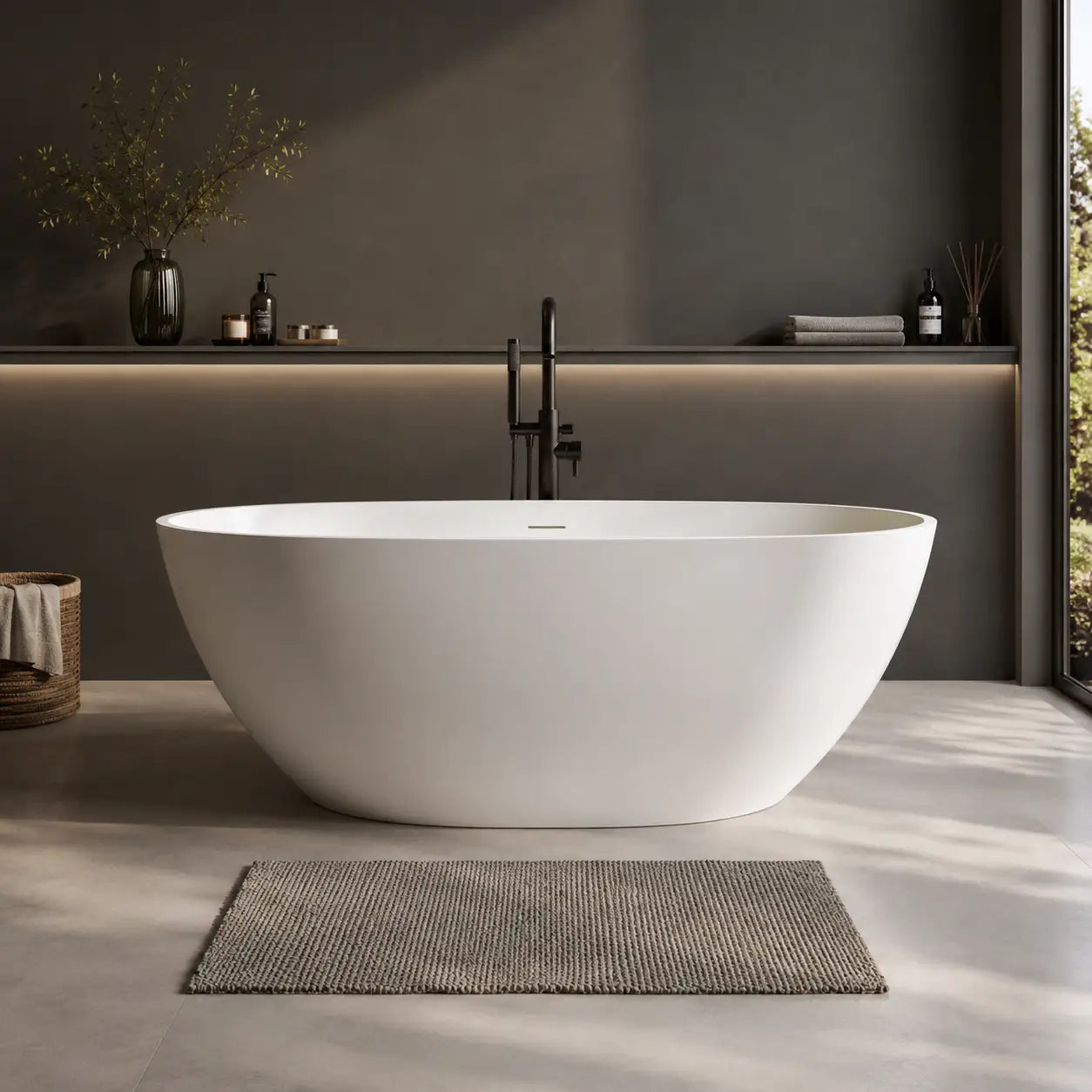 59" Oval Stone Resin Freestanding Soaking Bathtub with Thick Rim and Pop-Up Drain