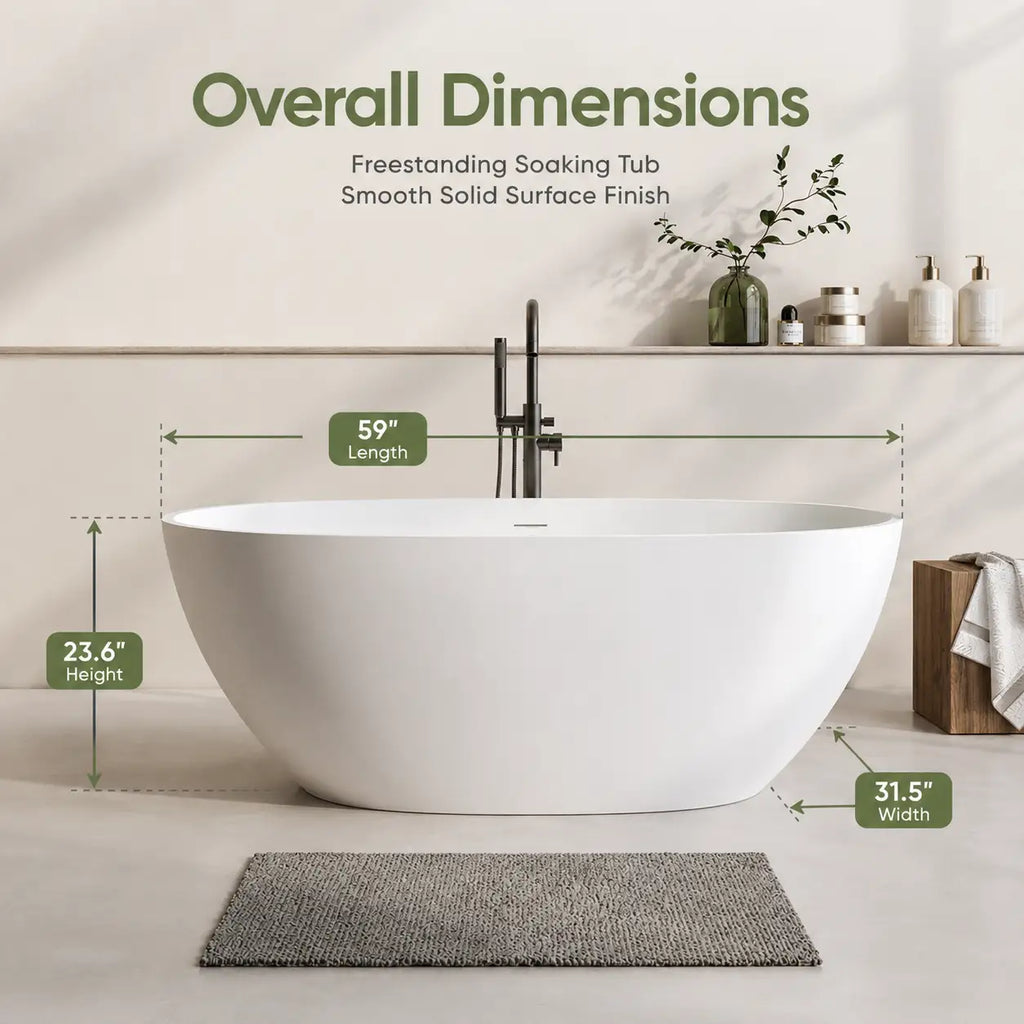 59" Oval Stone Resin Freestanding Soaking Bathtub with Thick Rim and Pop-Up Drain