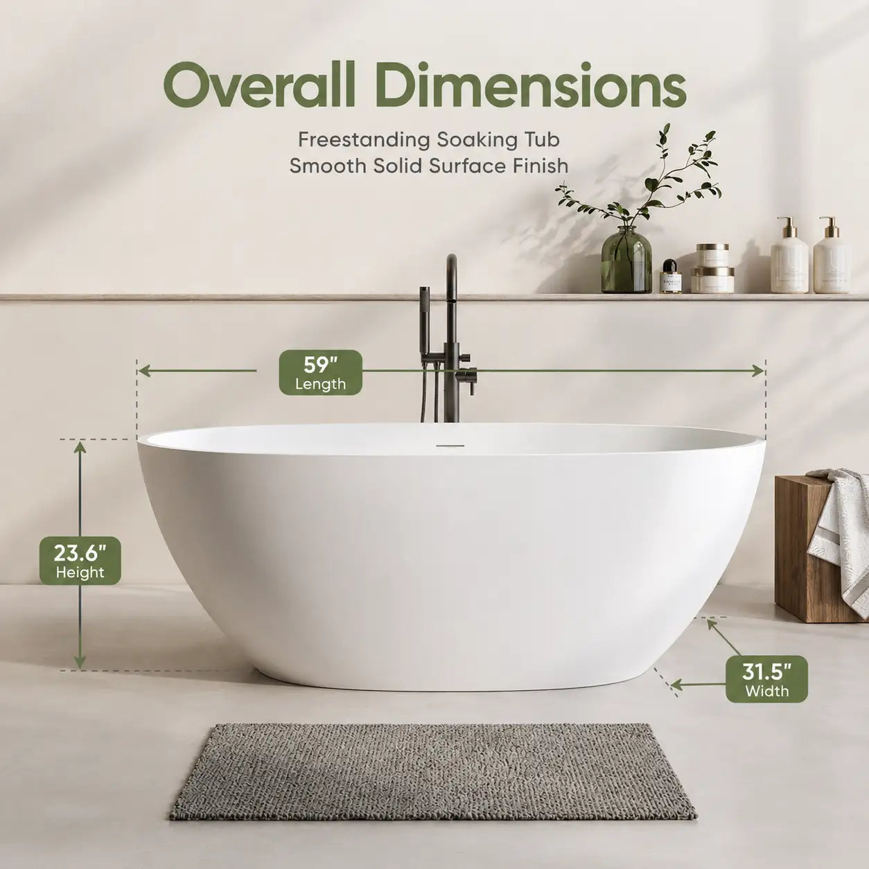 59" Oval Stone Resin Freestanding Soaking Bathtub with Thick Rim and Pop-Up Drain