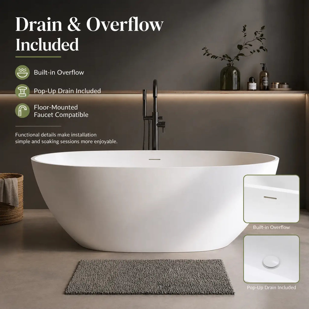 59" Oval Stone Resin Freestanding Soaking Bathtub with Thick Rim and Pop-Up Drain