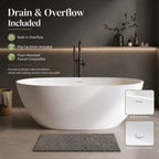 59" Oval Stone Resin Freestanding Soaking Bathtub with Thick Rim and Pop-Up Drain