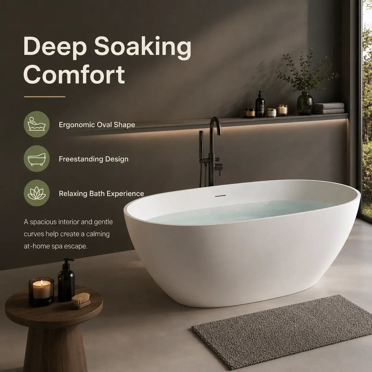 59" Oval Stone Resin Freestanding Soaking Bathtub with Thick Rim and Pop-Up Drain