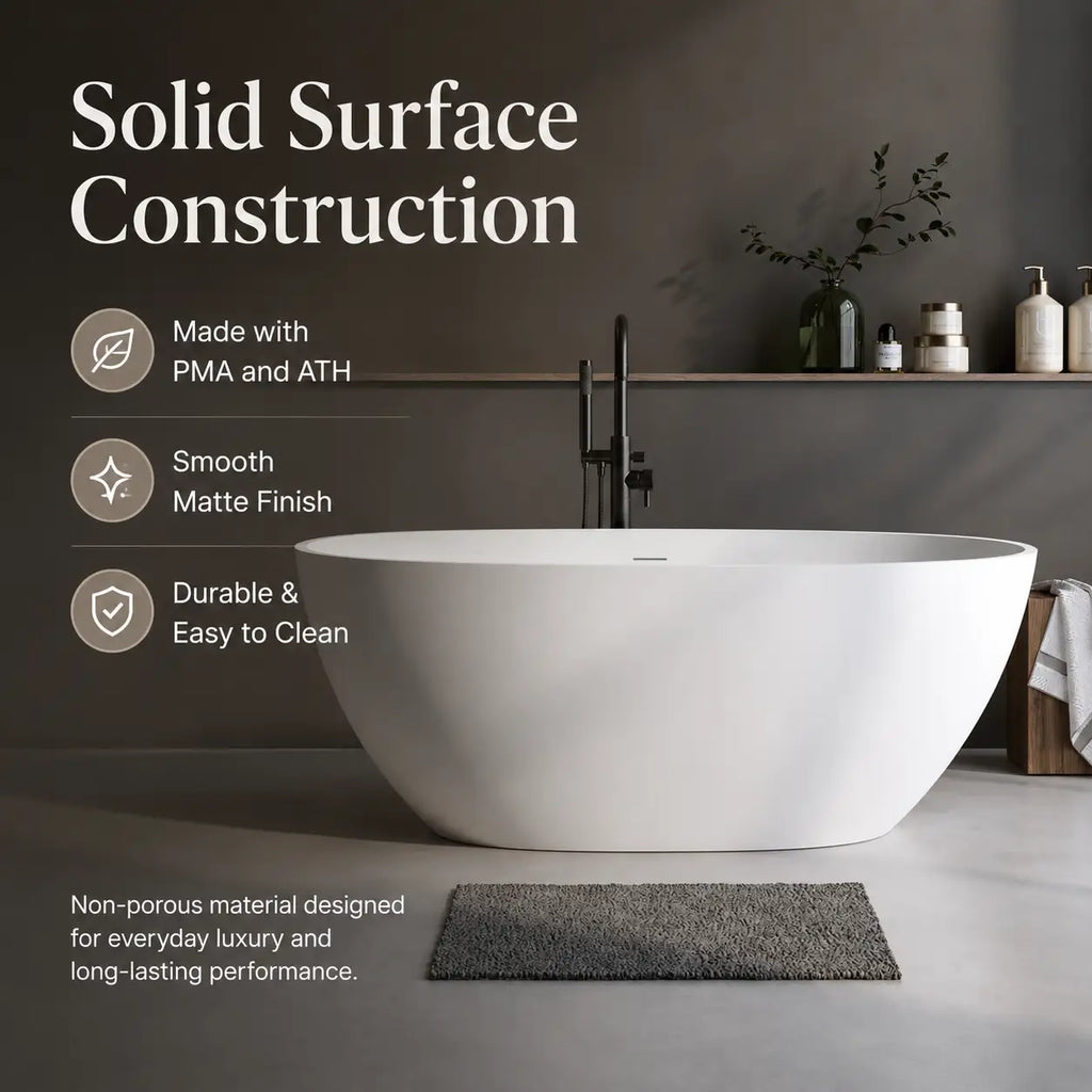 59" Oval Stone Resin Freestanding Soaking Bathtub with Thick Rim and Pop-Up Drain