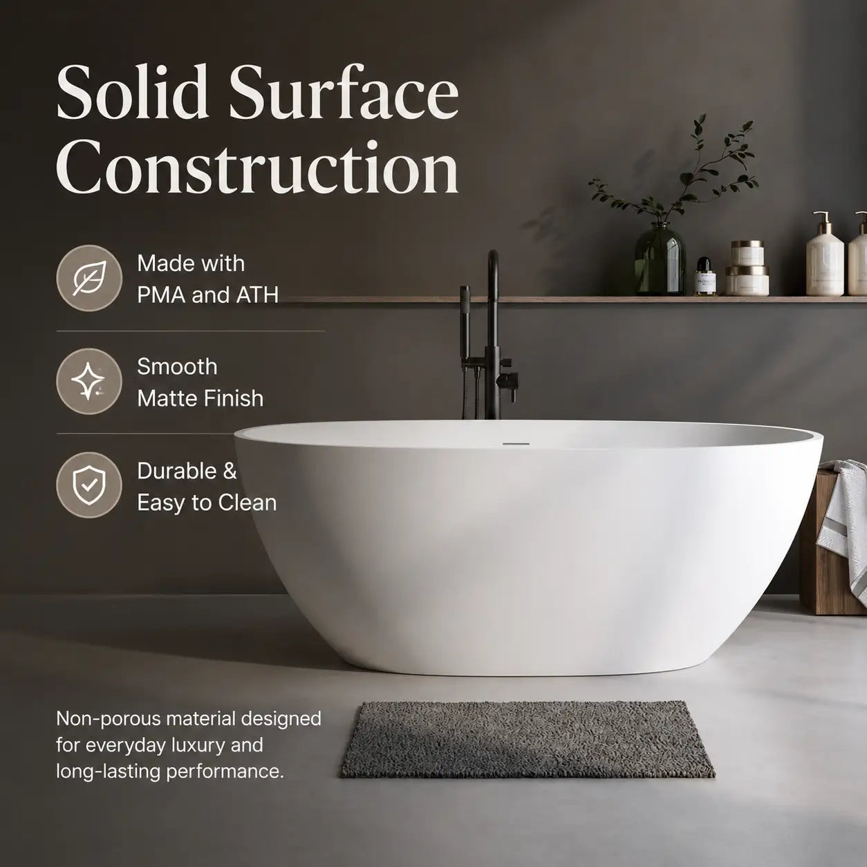 59" Oval Stone Resin Freestanding Soaking Bathtub with Thick Rim and Pop-Up Drain