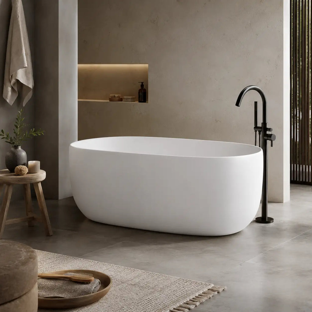 47" Compact Solid Surface Stone Resin Freestanding Soaking Bathtub with Pop-Up Drain and Overflow