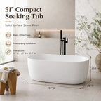 51" Modern Solid Surface Freestanding Soaking Bathtub with Overflow and Pop-Up Drain